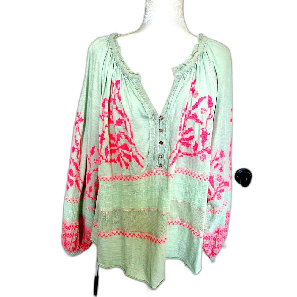 Free People Woven Embroidered Bohemian Style Blouse Mint Green Coral Size S